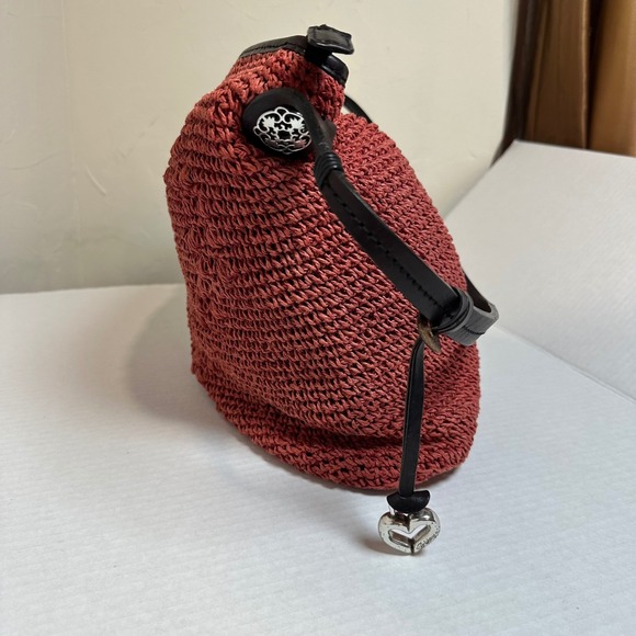 Brighton Terracotta Woven Straw Heart Shoulder Bag Leather Trim Silver Hrt Charm - Picture 3 of 12